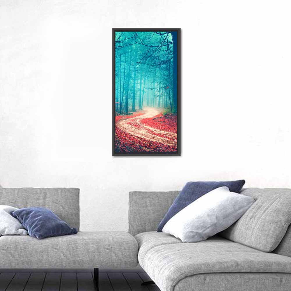 Misty Vintage Forest Road Wall Art in a room, portrait