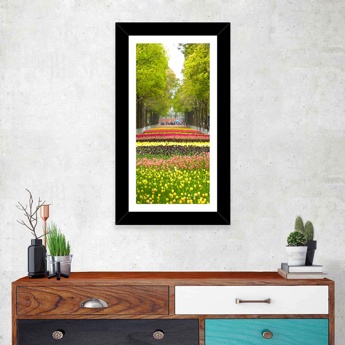 Tree-lined Tulip Garden Path Wall Art in a room, portrait