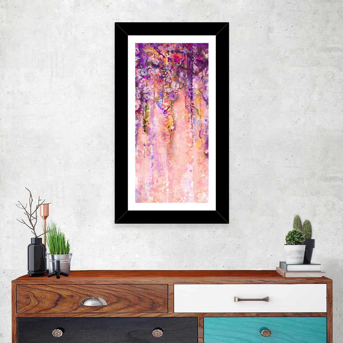Cascading Wisteria Vines Wall Art in a room, portrait