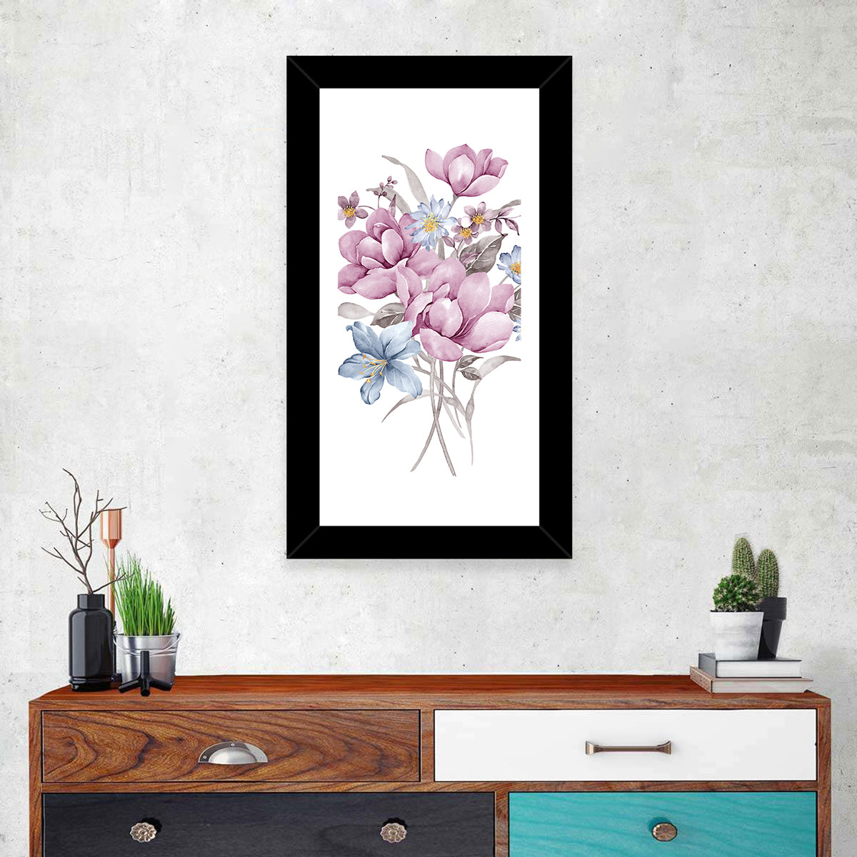 Pink Watercolor Bouquet Illustration Wall Art in a room, portrait