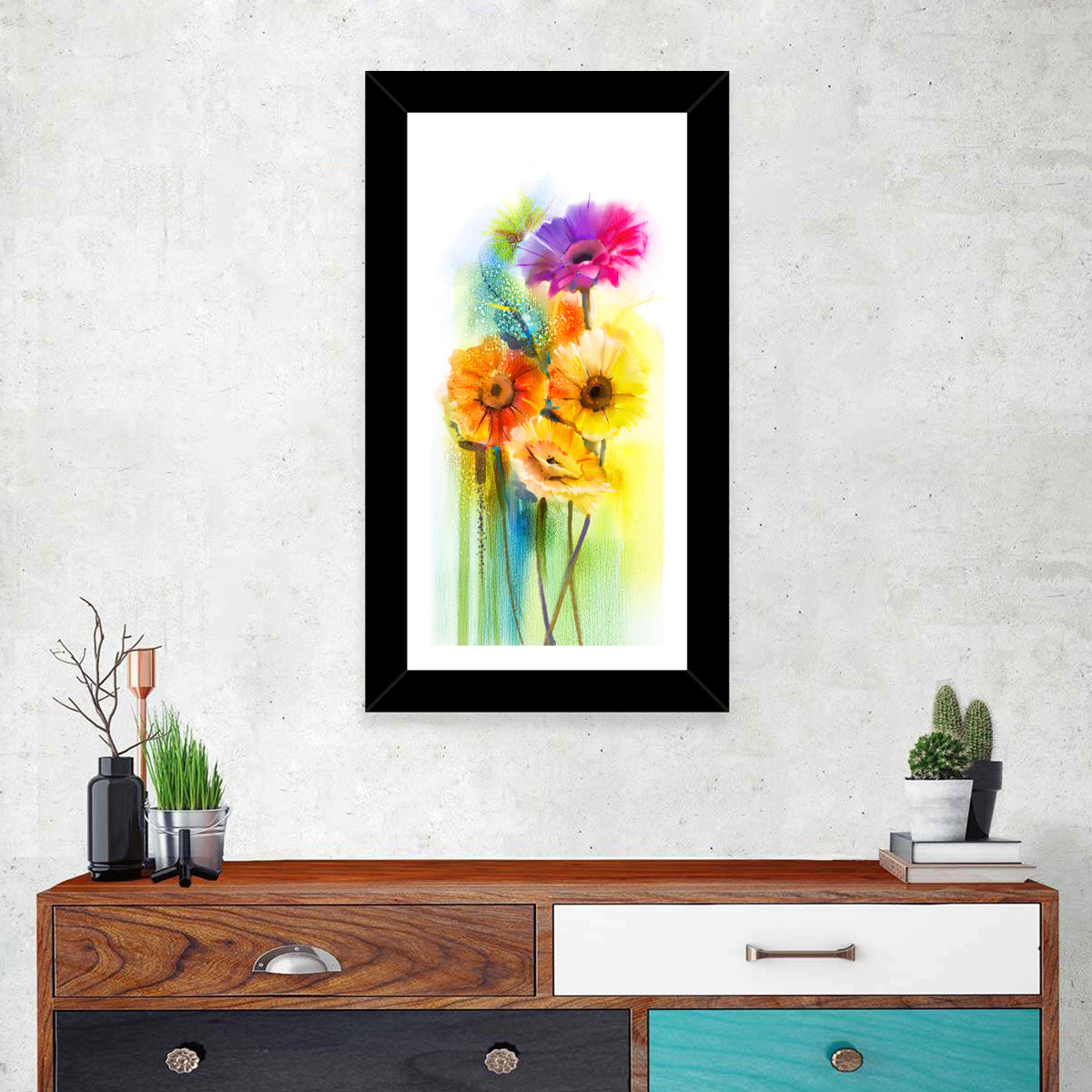 Gerbera Daisy Watercolor Bouquet Wall Art in a room, portrait