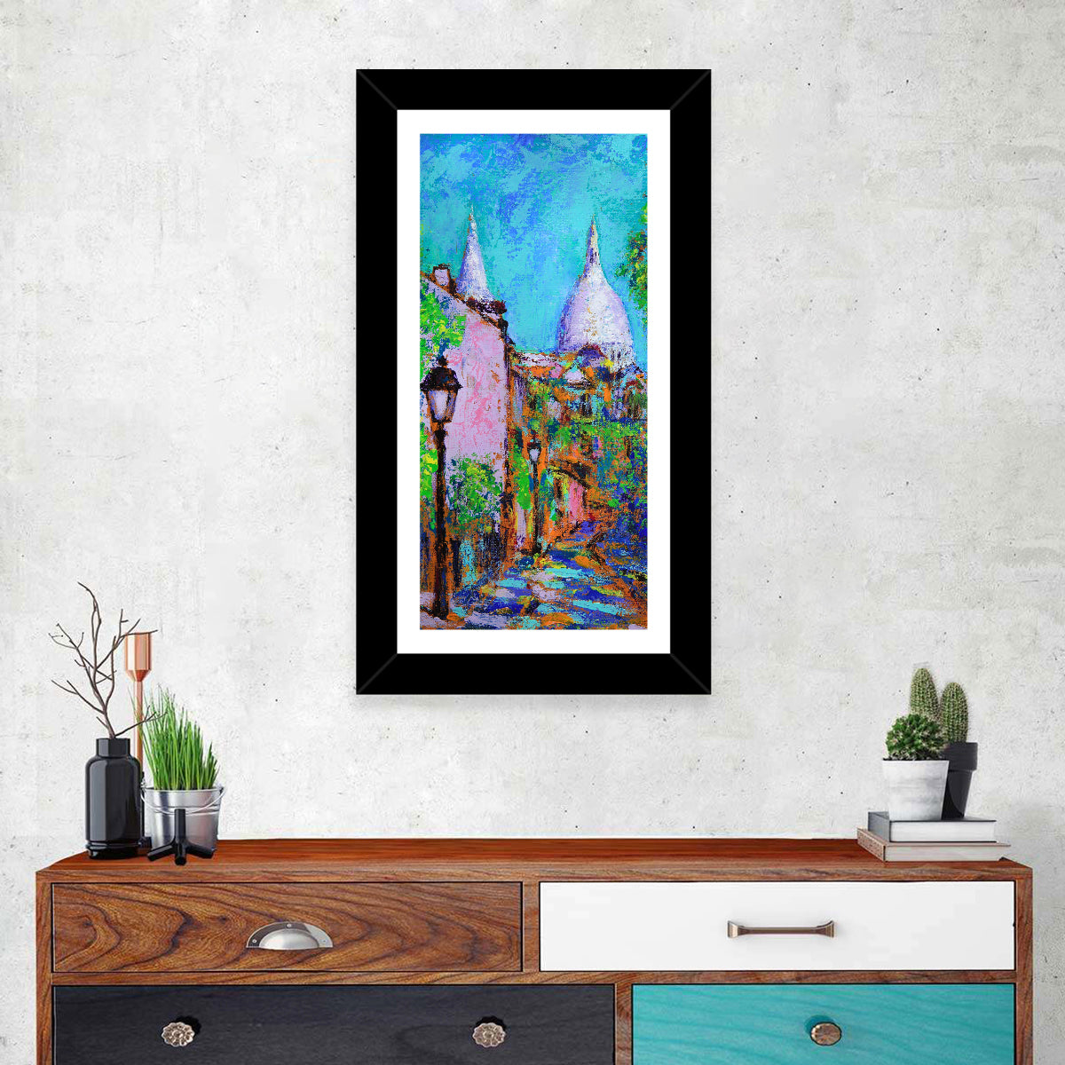 Montmartre Street with Sacre Coeur Dome Wall Art in a room, portrait