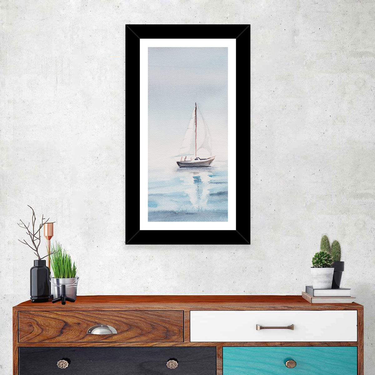 Sailboat on Calm Sea Wall Art in a room, portrait