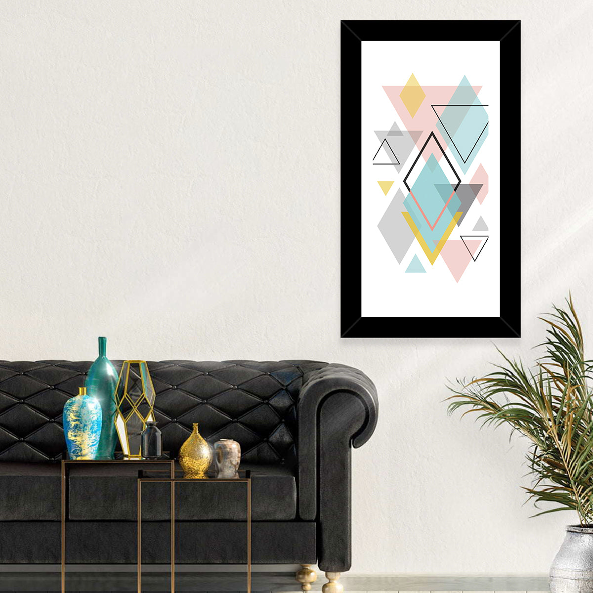 Scandinavian Geometric Pastel Composition Wall Art in a room, portrait