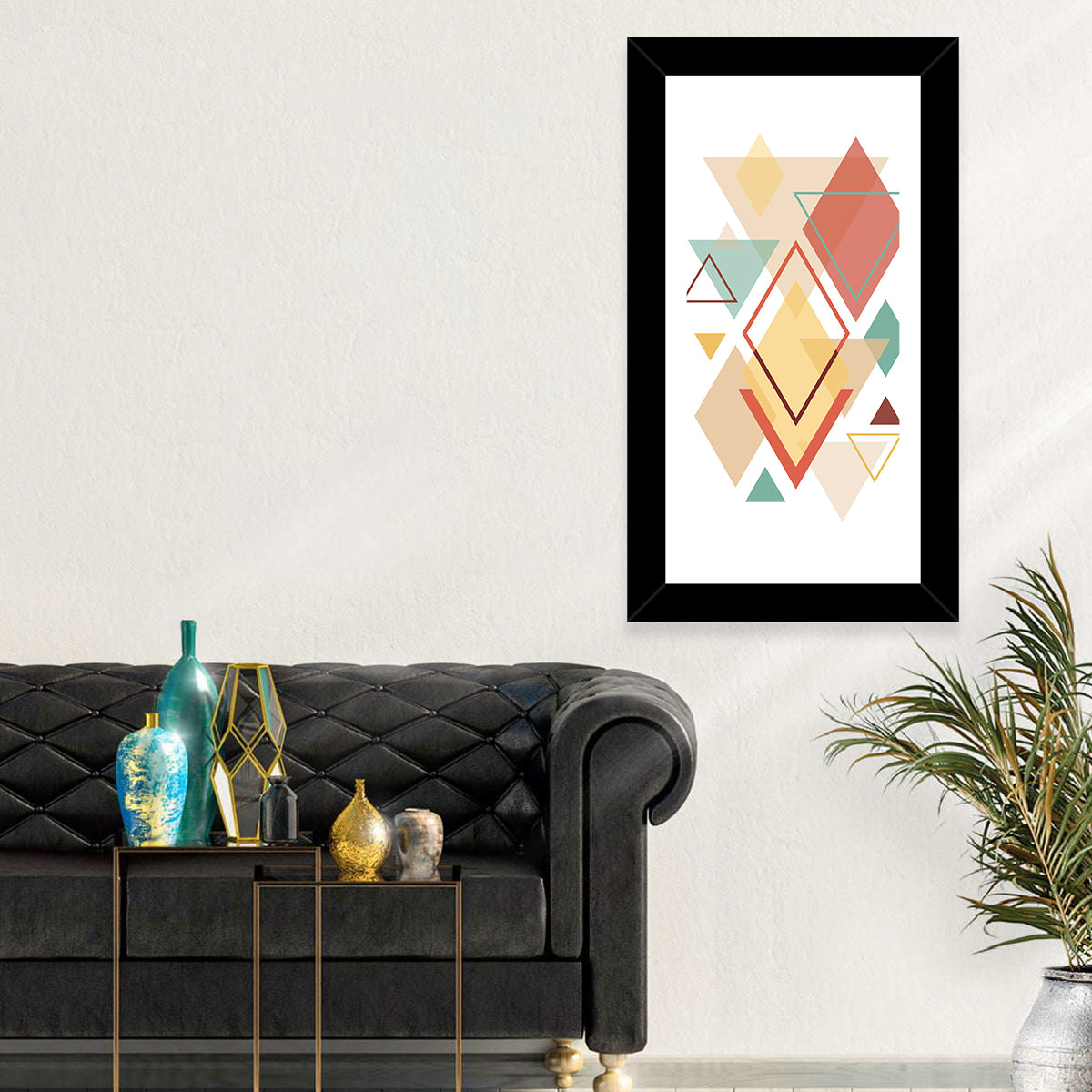 Layered Scandinavian Geometric Abstract Wall Art in a room, portrait