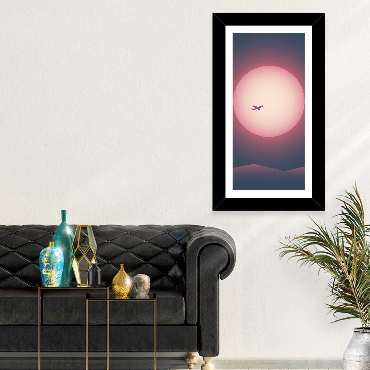 Twilight Airplane Over Mountains Wall Art in a room, portrait
