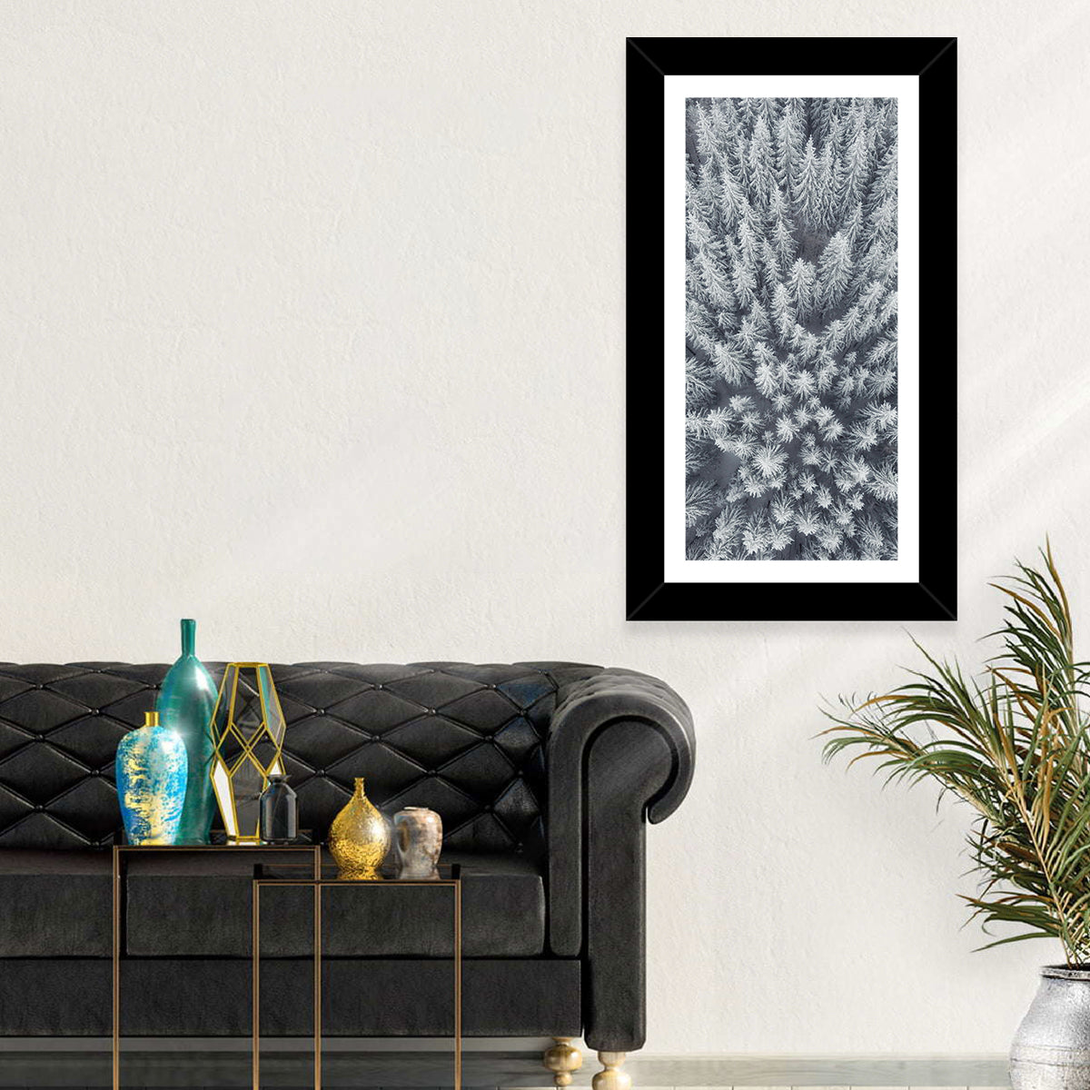 Snow Covered Pine Forest Wall Art in a room, portrait