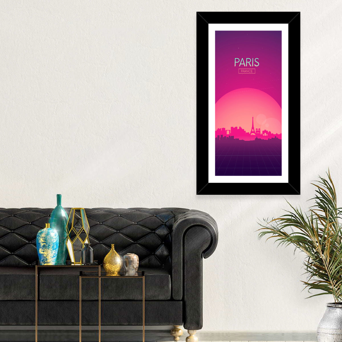 Paris Synthwave Skyline Wall Art in a room, portrait