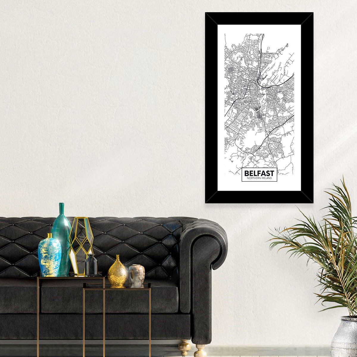 Belfast City Map Wall Art in a room, portrait