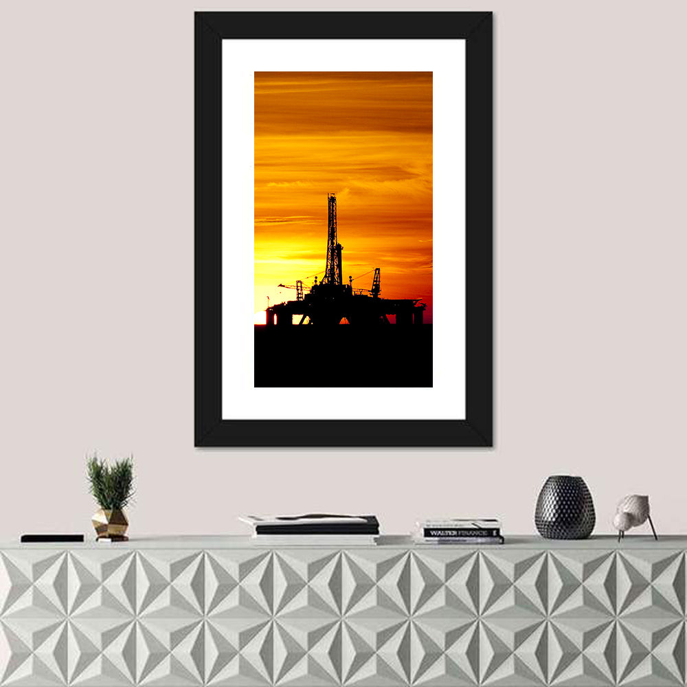 Offshore Oil Rig at Sunset Wall Art in a room, portrait