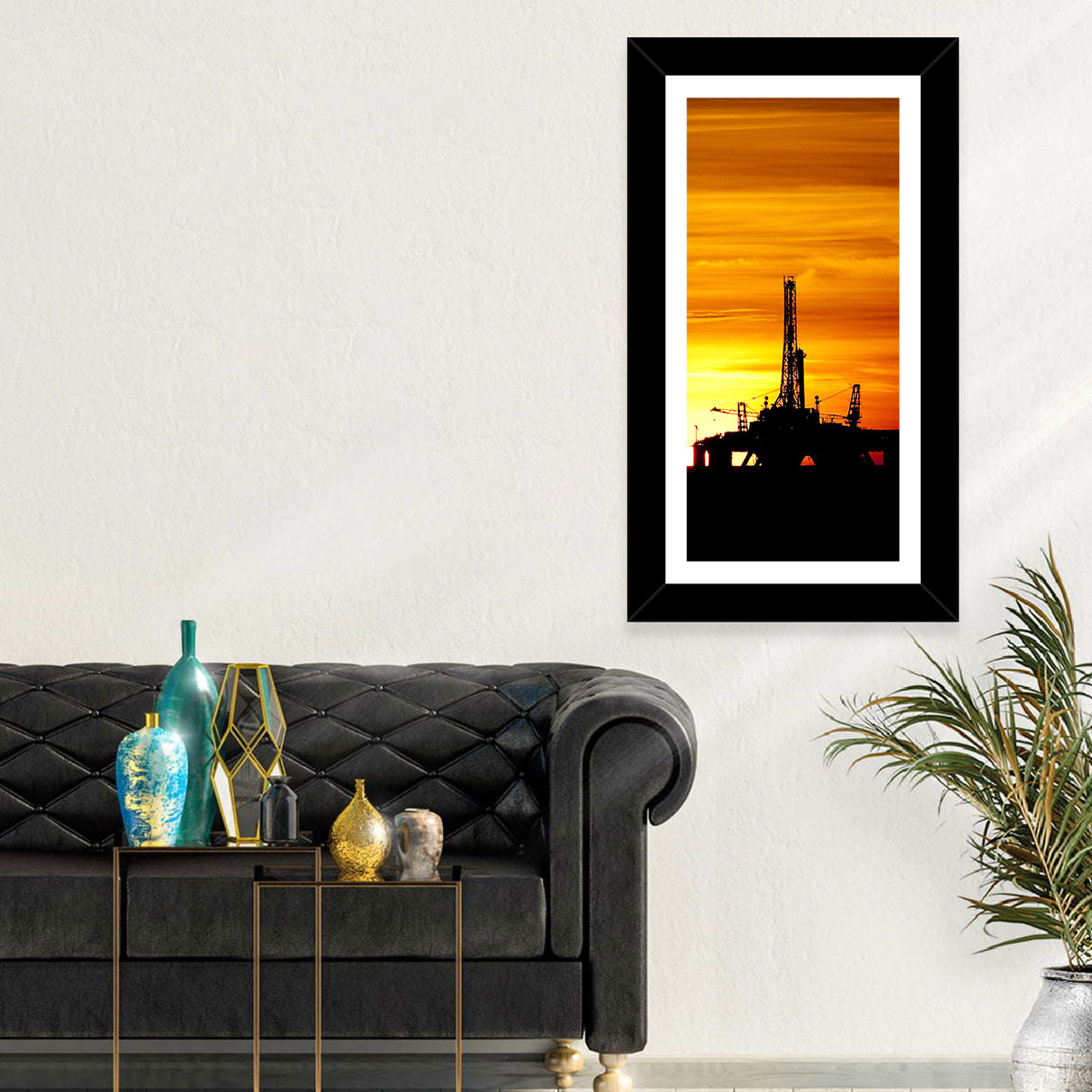 Offshore Oil Rig at Sunset Wall Art in a room, portrait