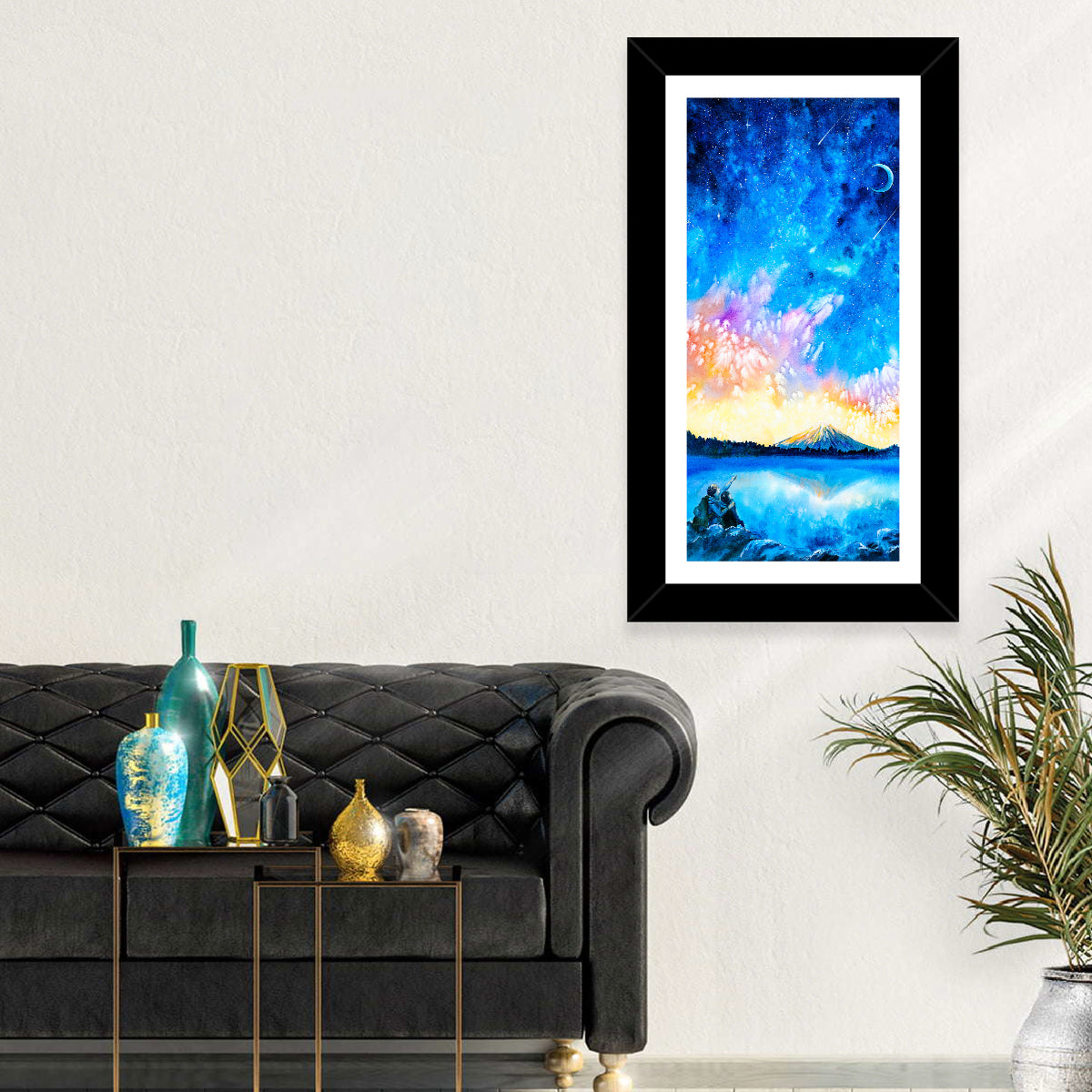 Starry Night Mountain Lake Wall Art in a room, portrait