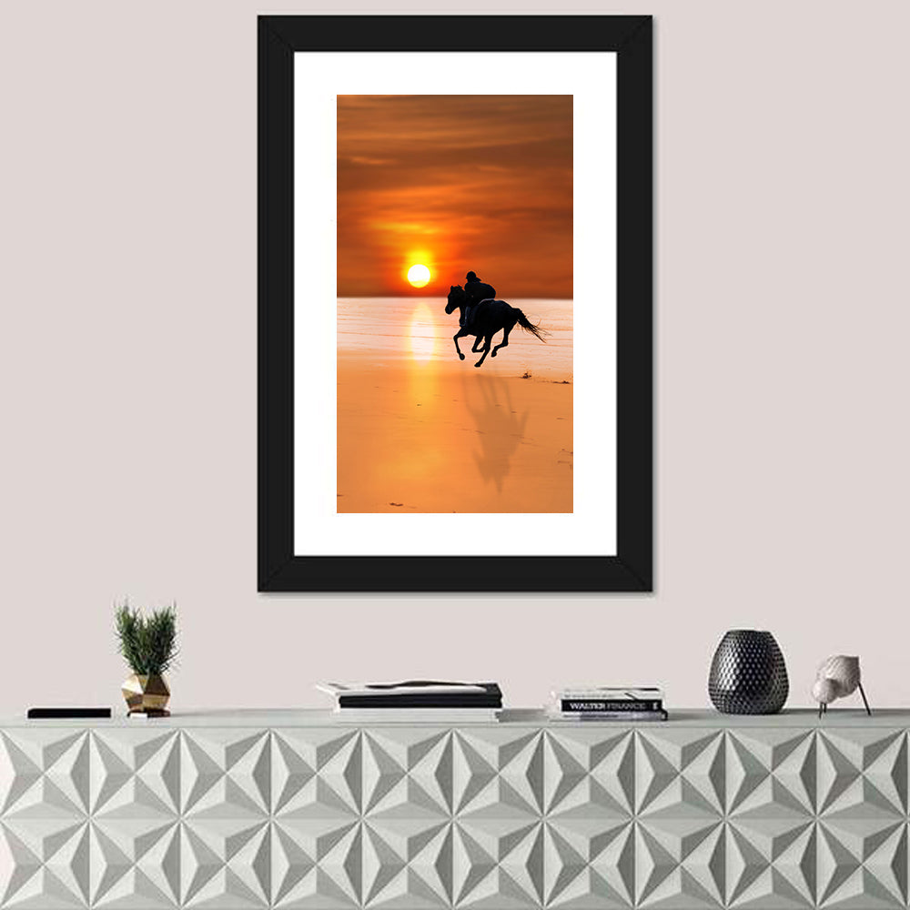 Horse and Rider at Sunset Wall Art in a room, portrait