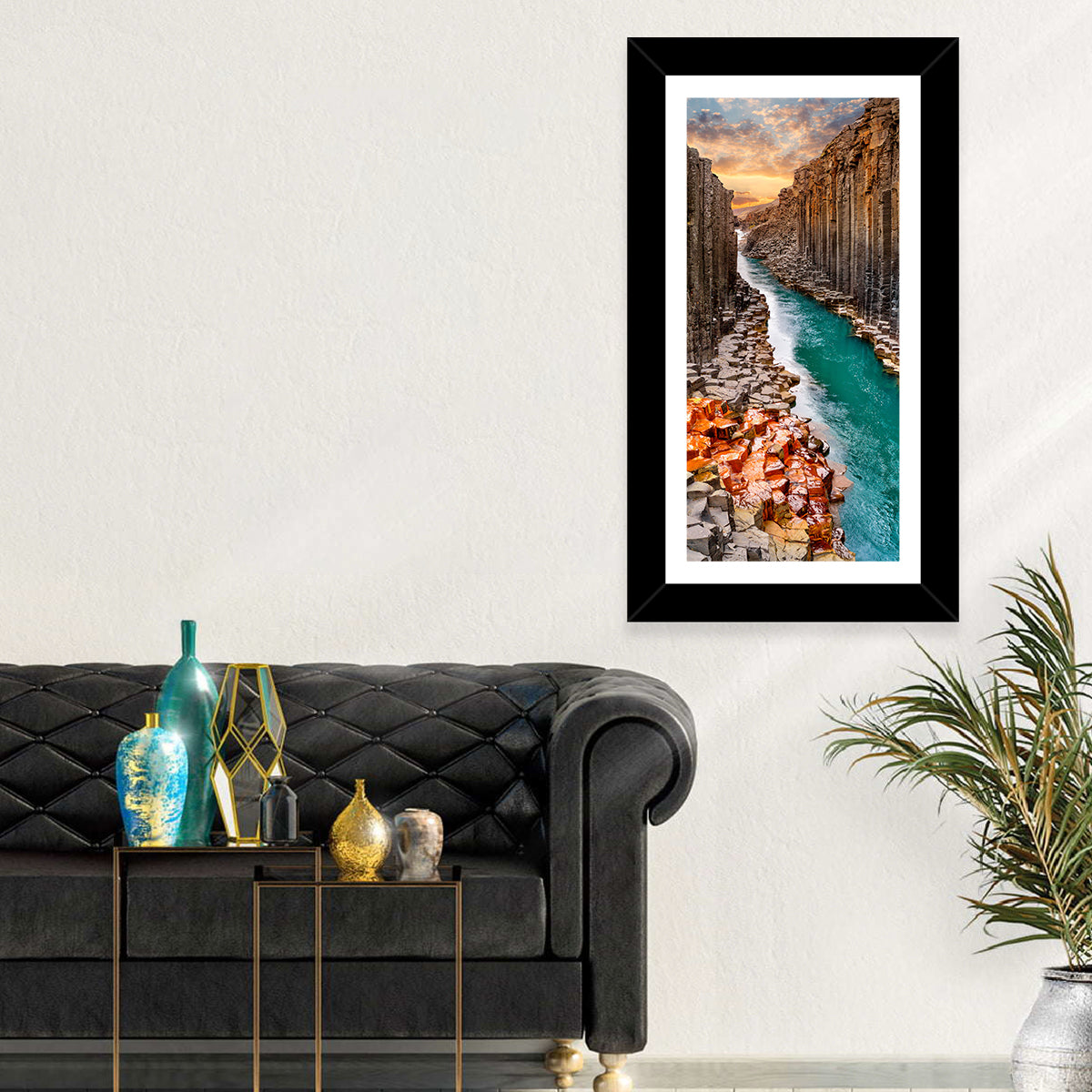 Stuðlagil Canyon Basalt Columns at Golden Hour Wall Art in a room, portrait
