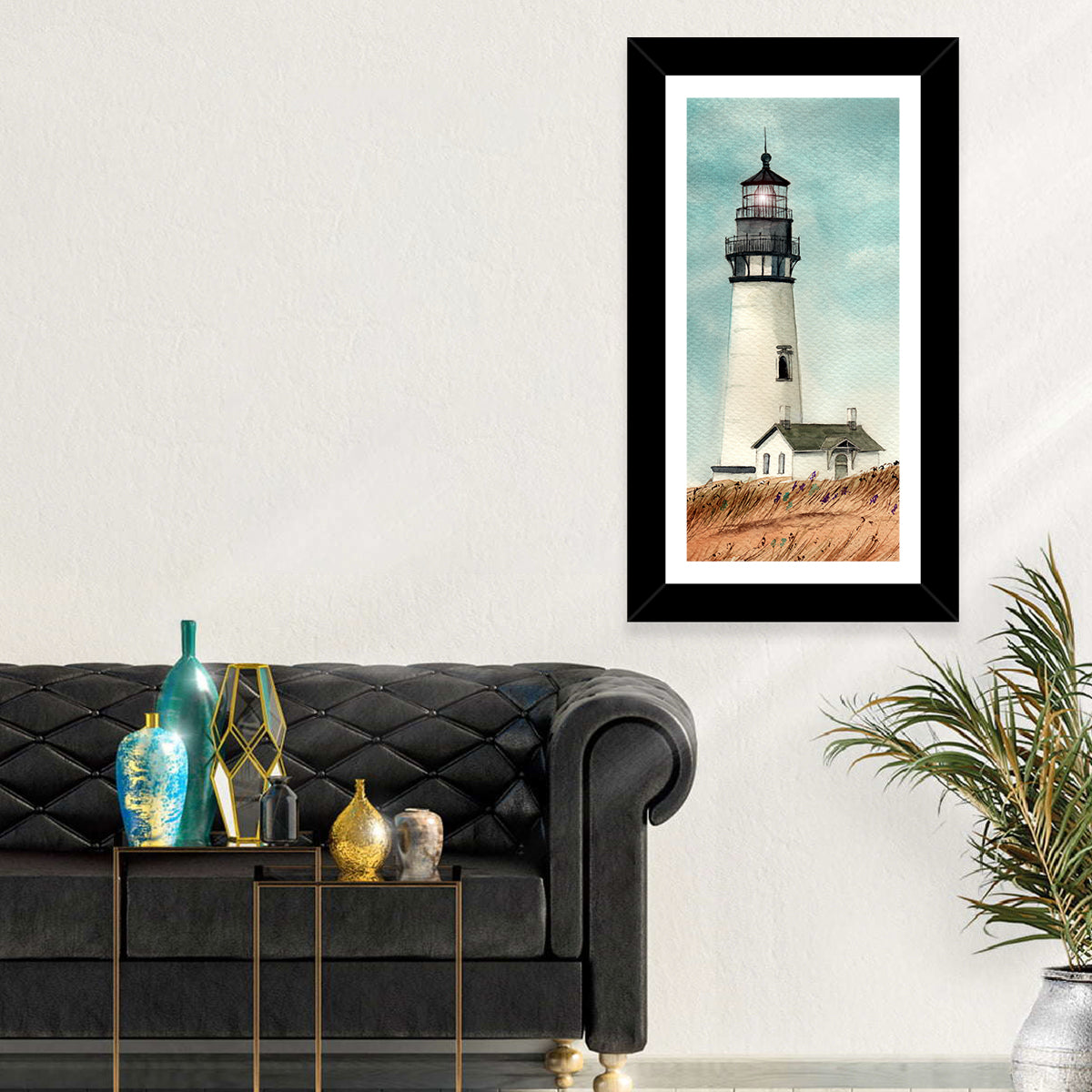 Lighthouse Over Grassy Dune Wall Art in a room, portrait