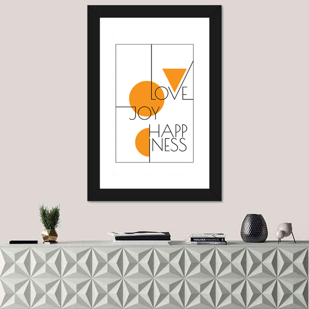 Love Joy Happiness Geometric Typography Wall Art in a room, portrait