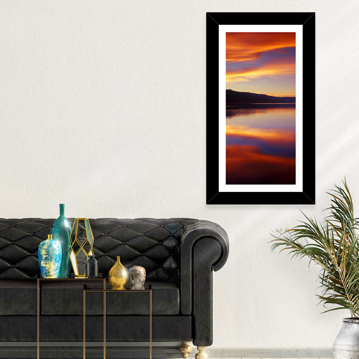 Dusk Over Mountain Lake Wall Art in a room, portrait