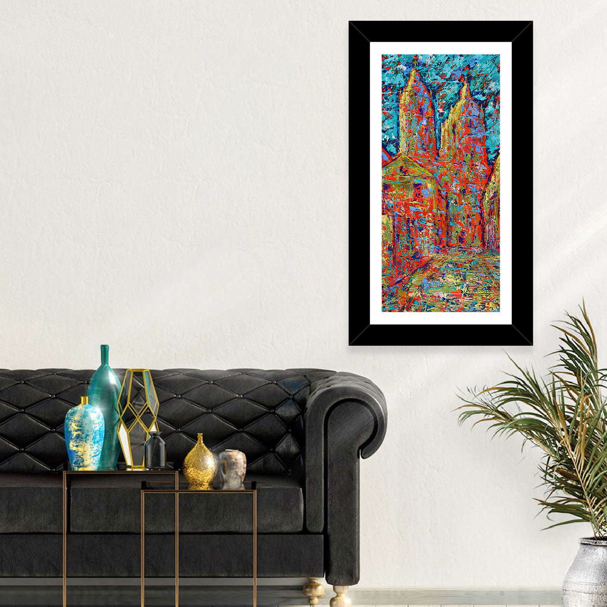 Gothic Spires Cityscape Wall Art in a room, portrait