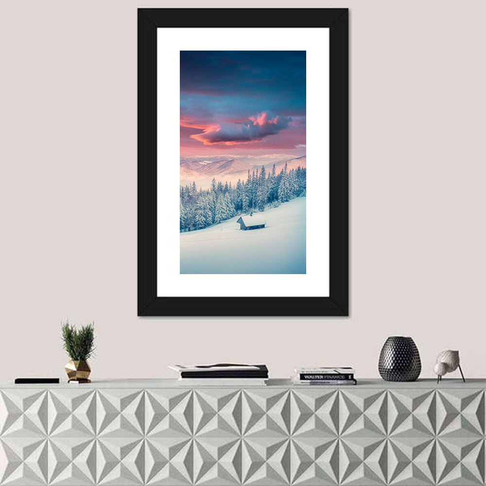Cabin at Winter Sunrise Wall Art in a room, portrait