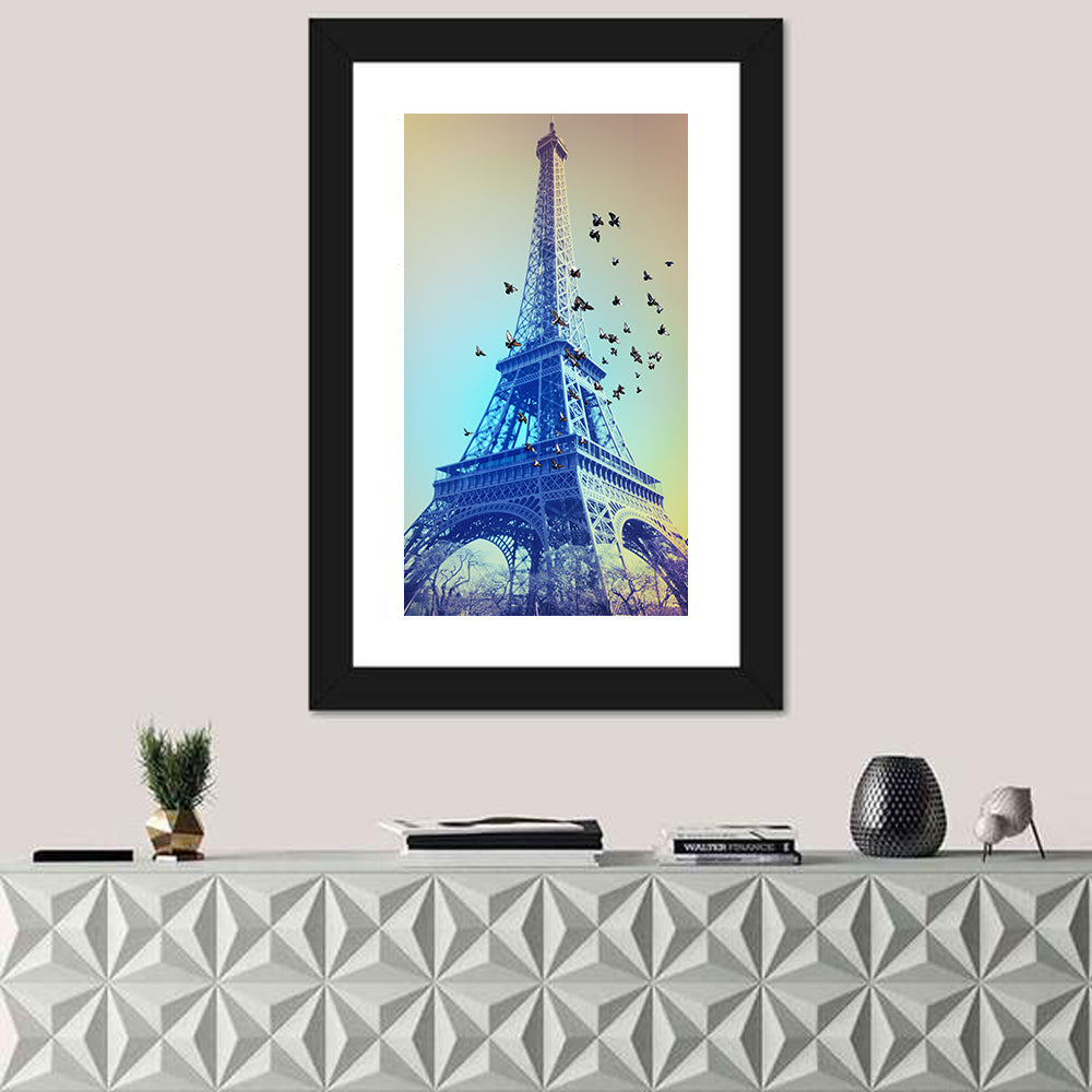 Retro Eiffel Tower Illustration Wall Art in a room, portrait