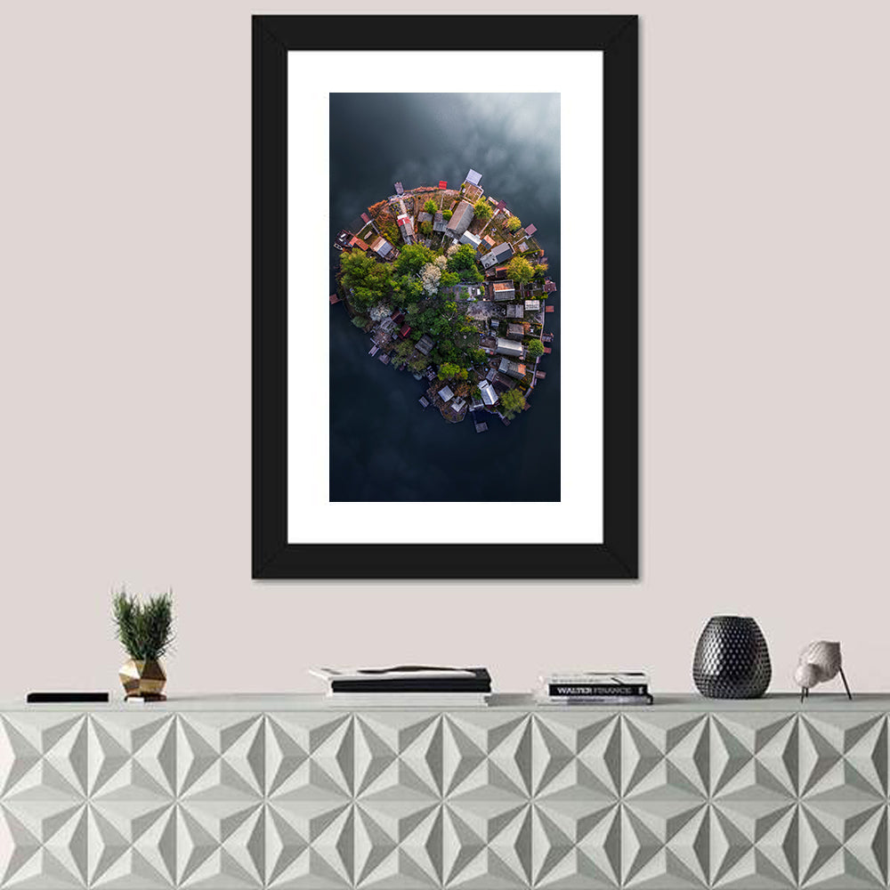 Aerial View of Lake Kavicsos Island Wall Art in a room, portrait