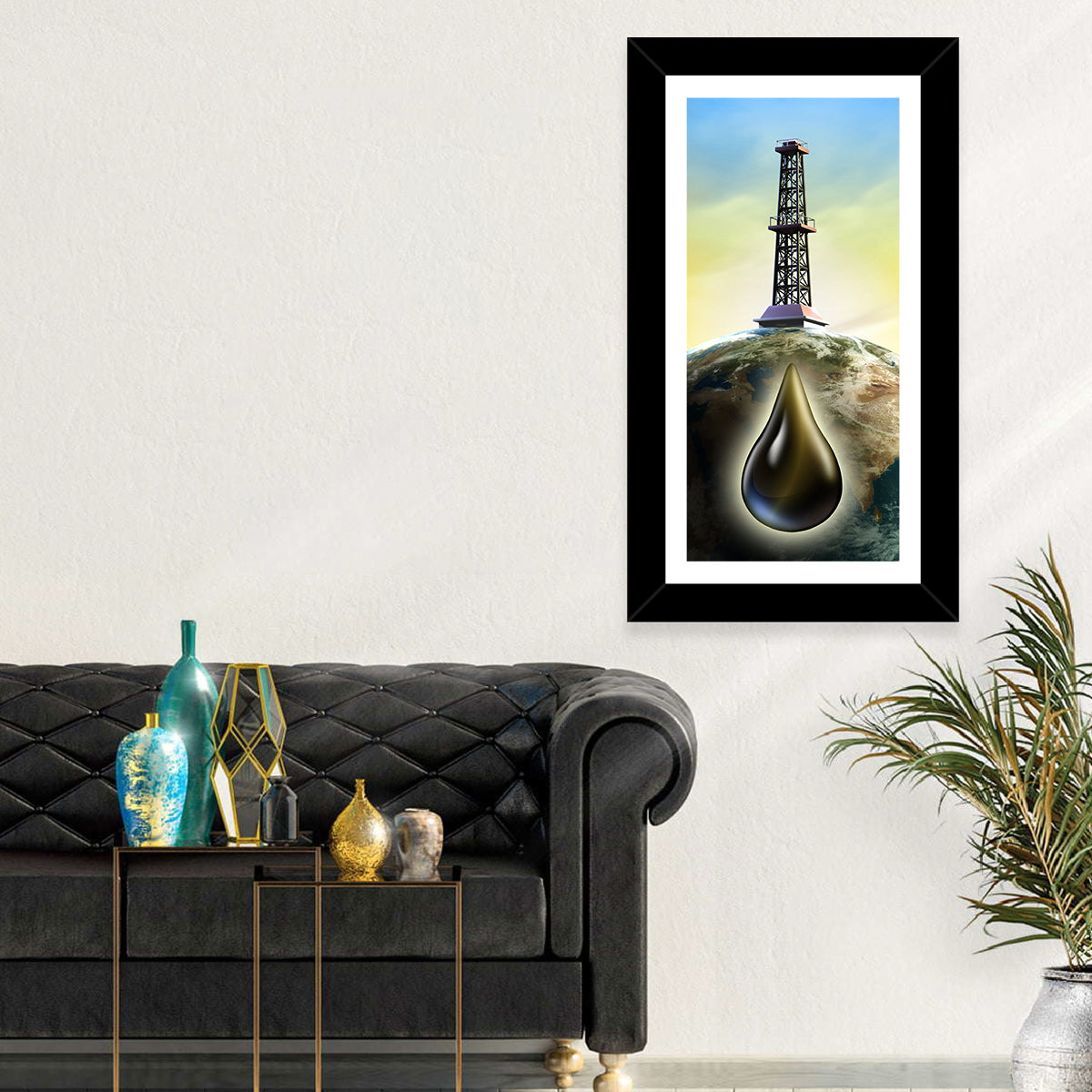 Oil Derrick with Glowing Drop Wall Art in a room, portrait