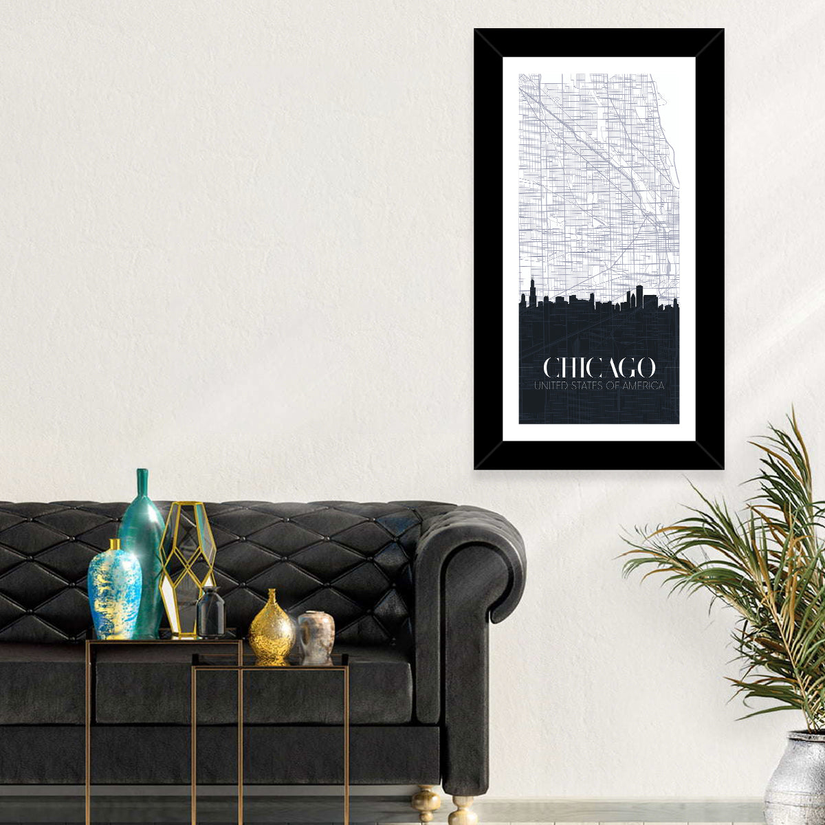 Chicago Skyline Map Wall Art in a room, portrait