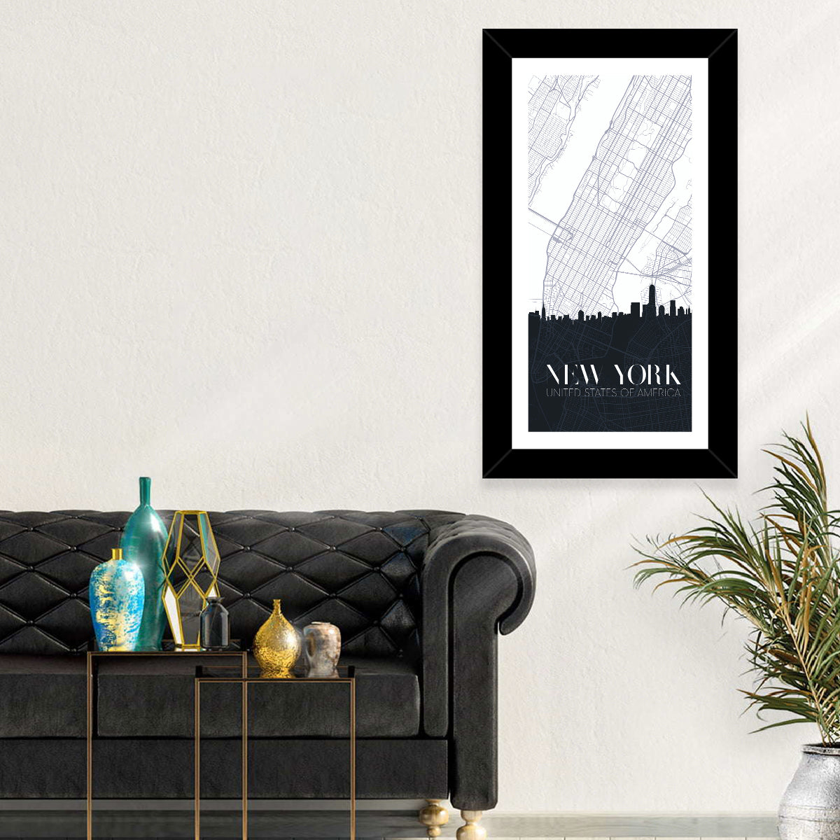 Manhattan Map with Skyline Wall Art in a room, portrait