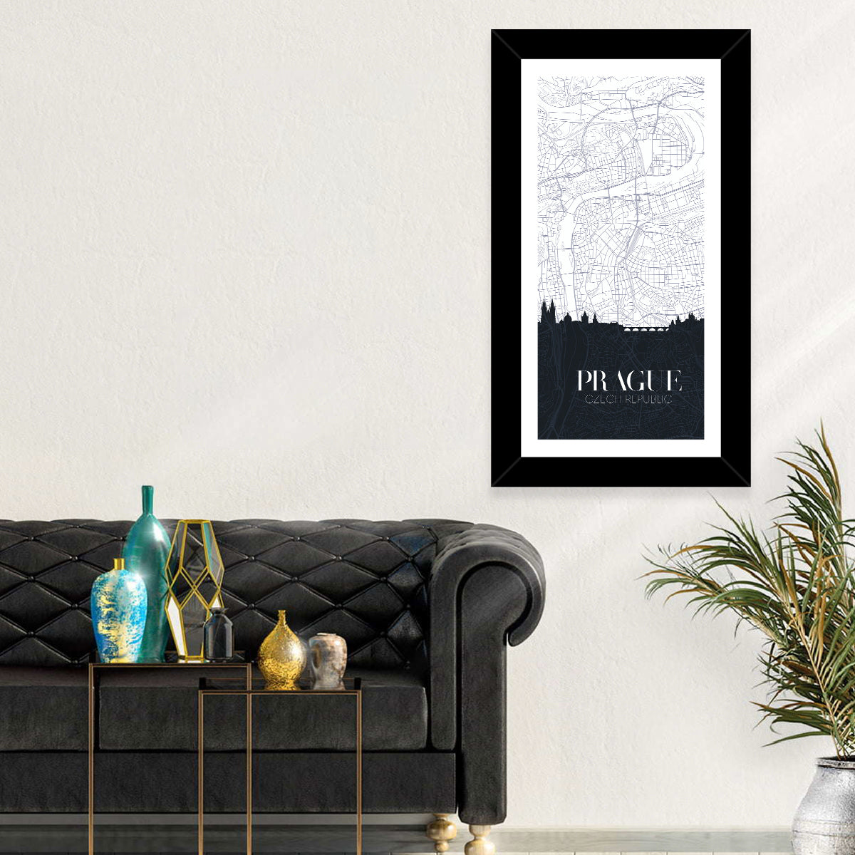 Prague Map with Charles Bridge Wall Art in a room, portrait