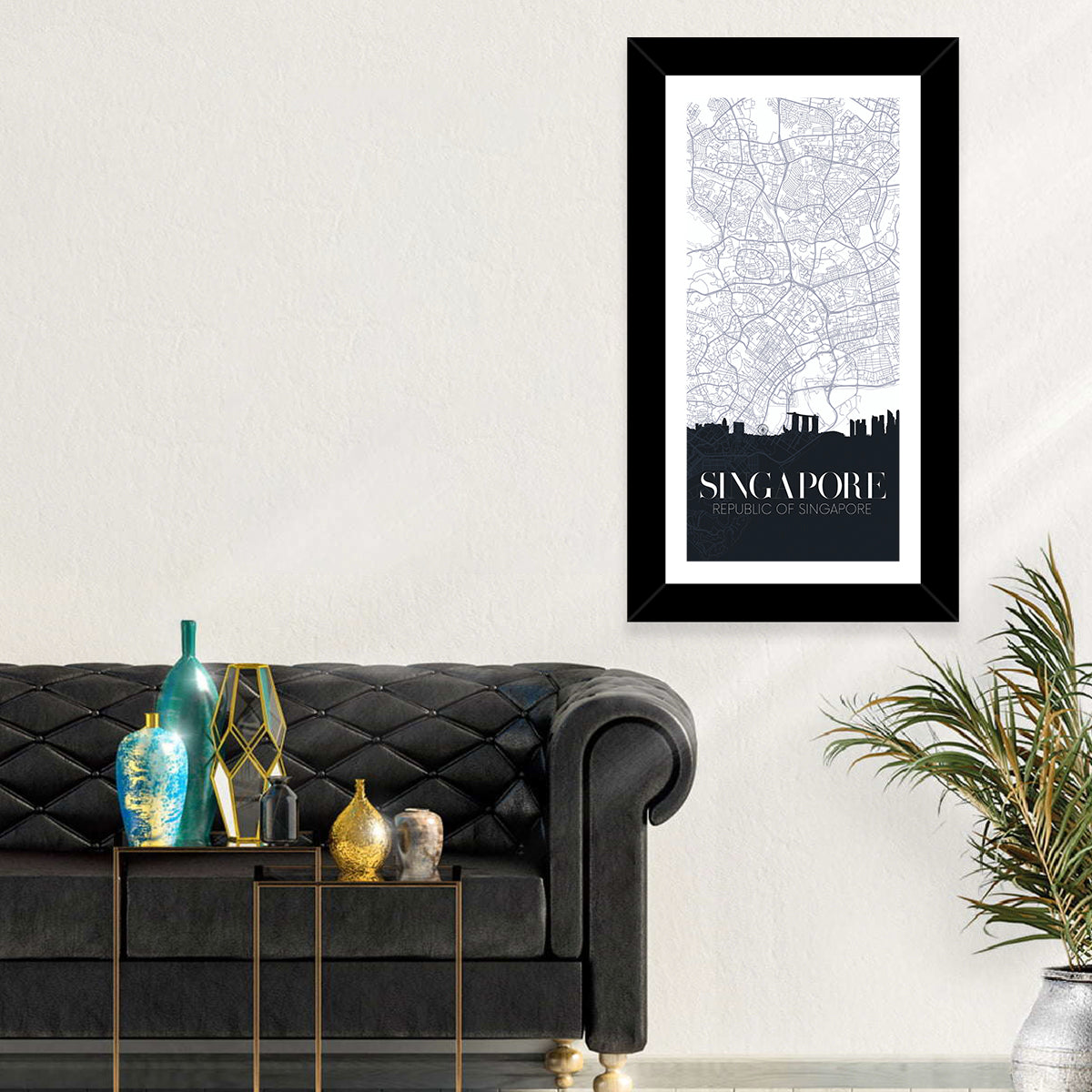 Singapore City Map Silhouette Wall Art in a room, portrait