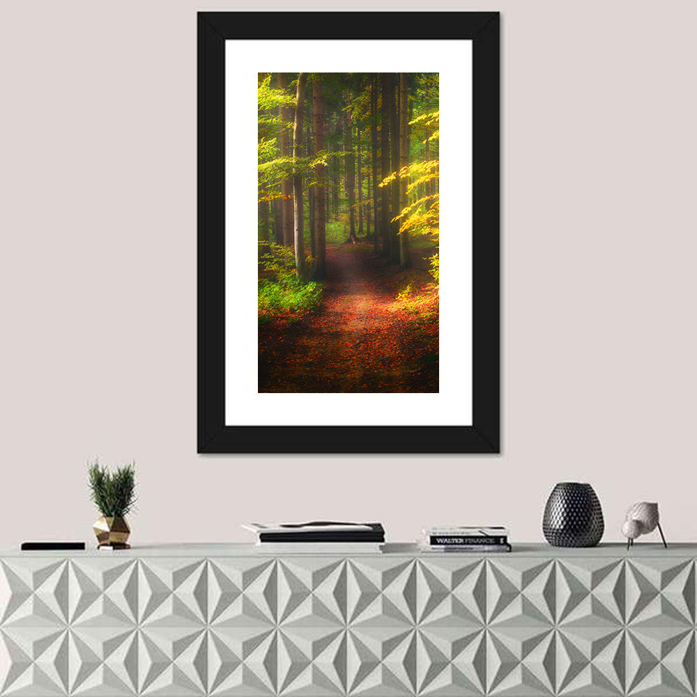 Autumn Forest Pathway Wall Art in a room, portrait
