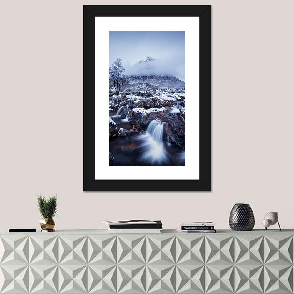 Buachaille Etive Mòr Winter Waterfall Wall Art in a room, portrait