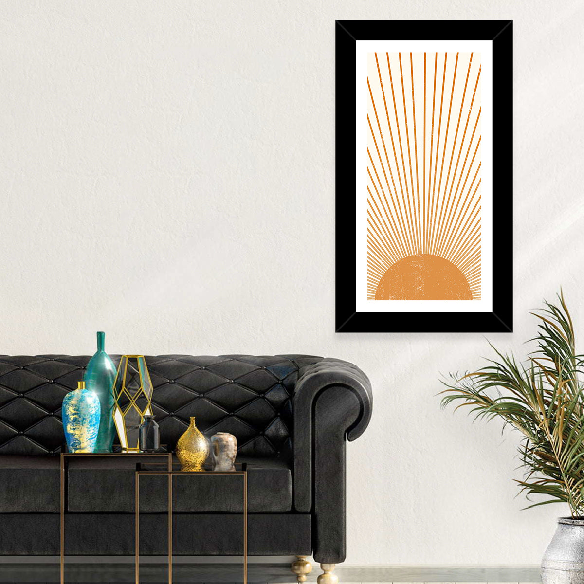 Distressed Sunburst Minimalist Wall Art in a room, portrait