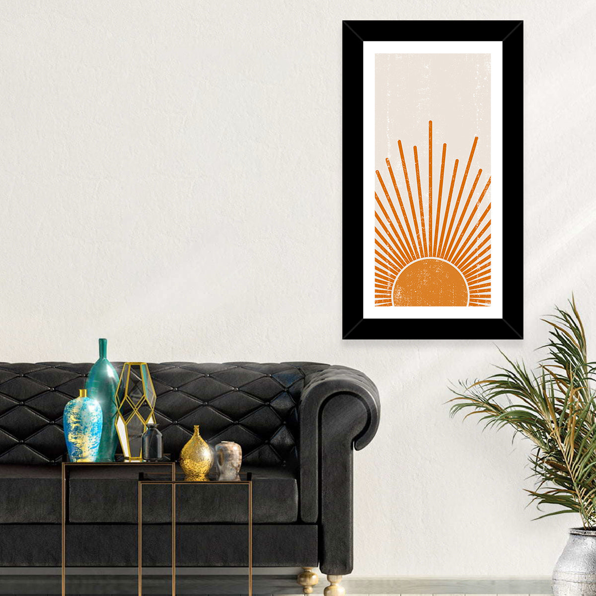 Warm Boho Sun Illustration Wall Art in a room, portrait