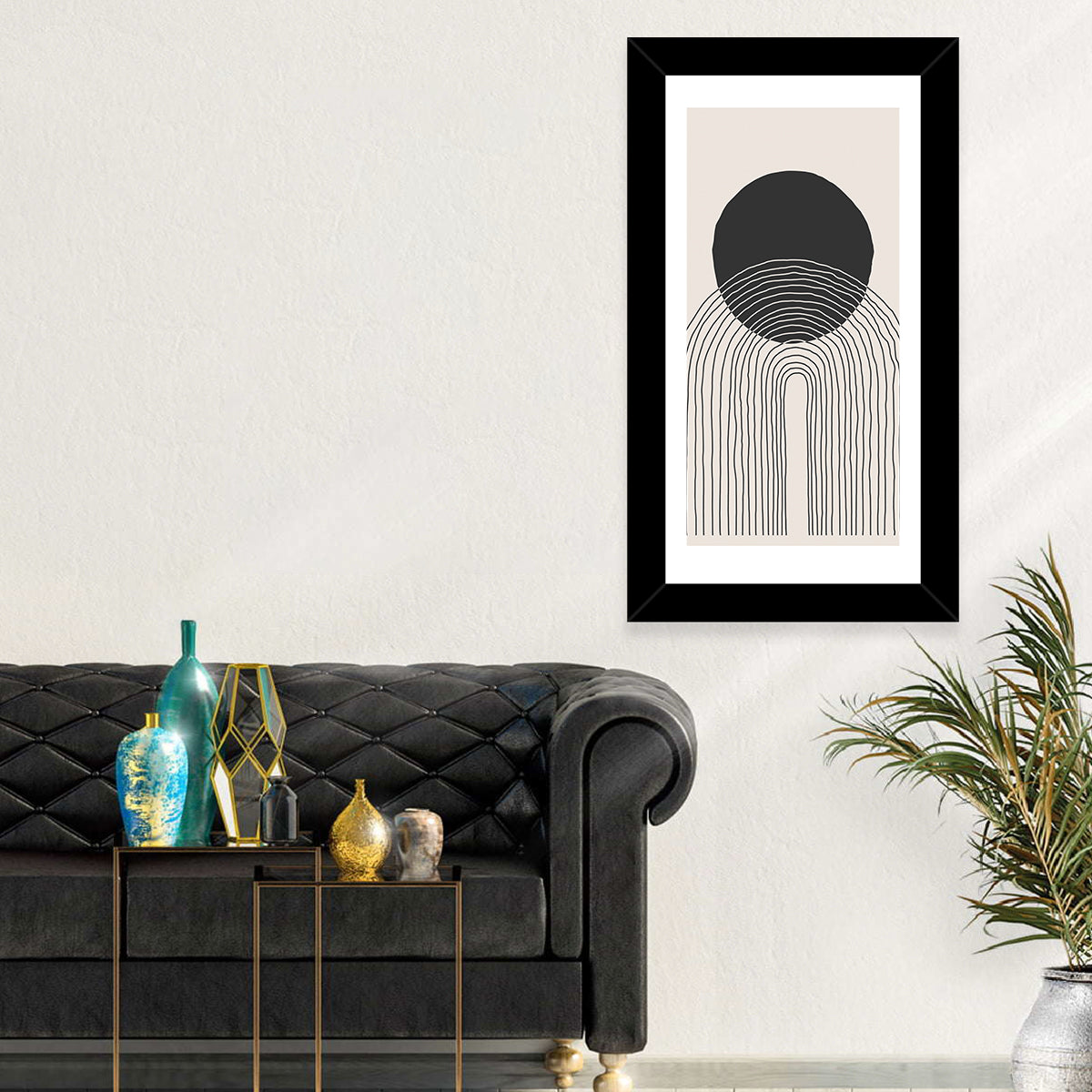 Minimalist Black Sun Wall Art in a room, portrait