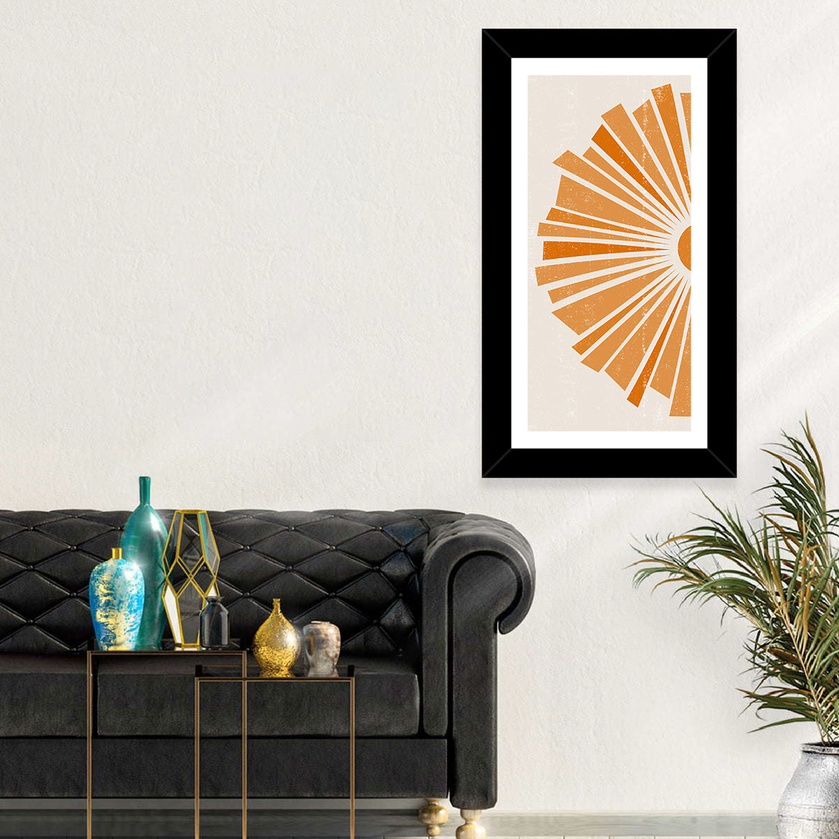 Semicircular Sunburst Minimalist Wall Art in a room, portrait