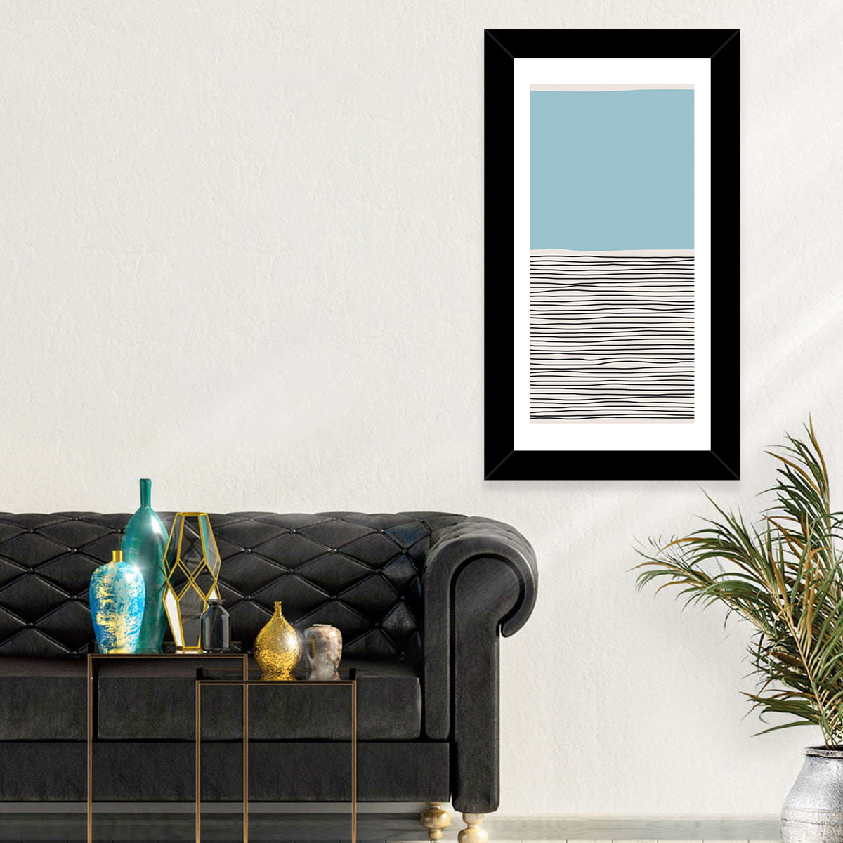 Blue Horizon Minimalist V Wall Art in a room, portrait