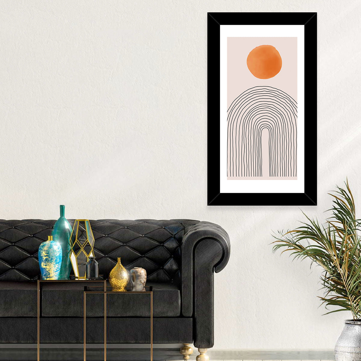 Hand-drawn Sun and Arches Wall Art in a room, portrait