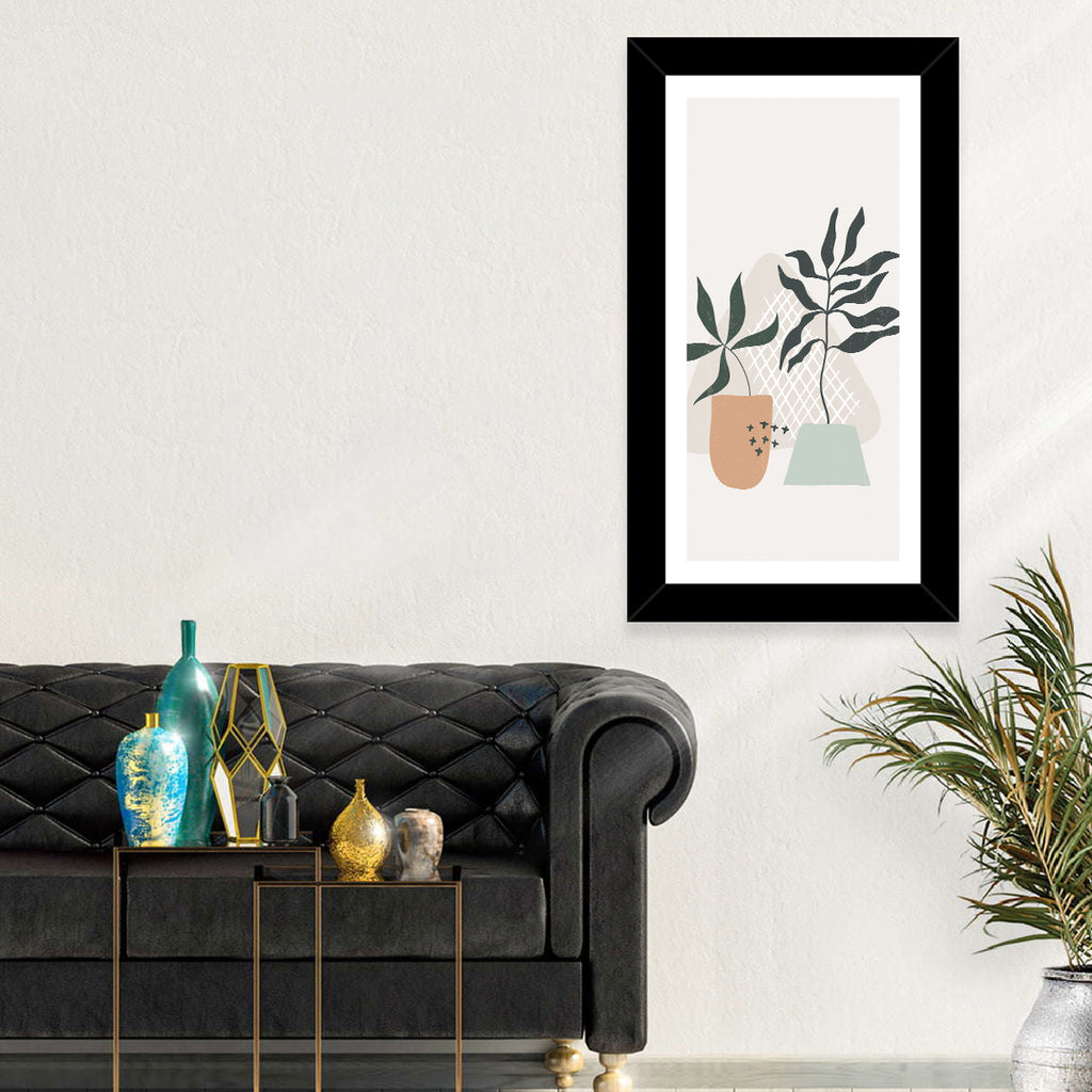Potted Plants with Hand-drawn Grid Wall Art