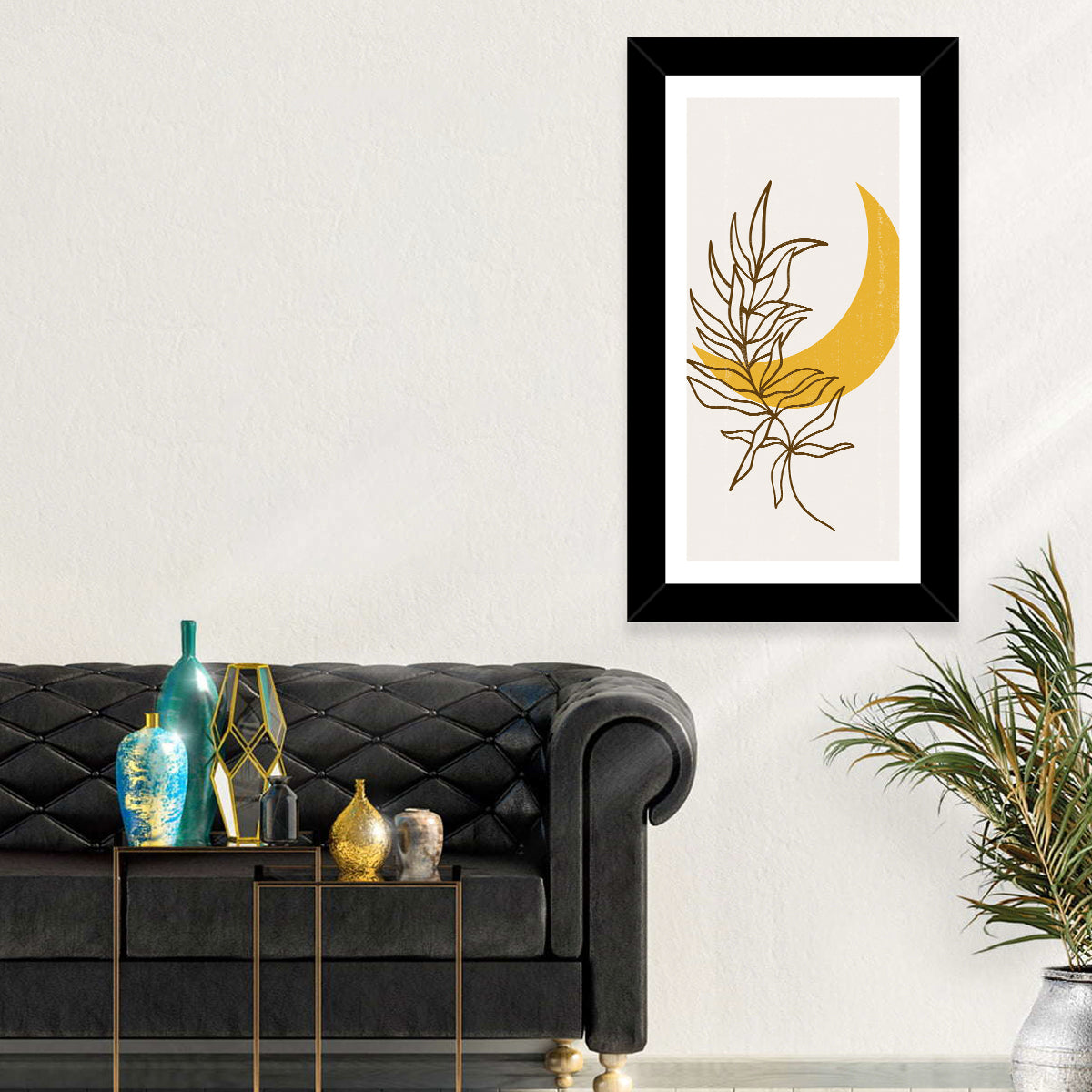 Crescent Moon Leaf Illustration Wall Art in a room, portrait