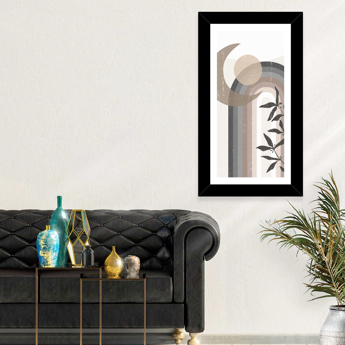 Crescent Moon Rainbow Abstract Wall Art in a room, portrait