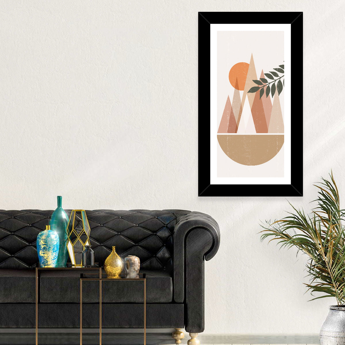 Geometric Mountain Sunset Wall Art in a room, portrait