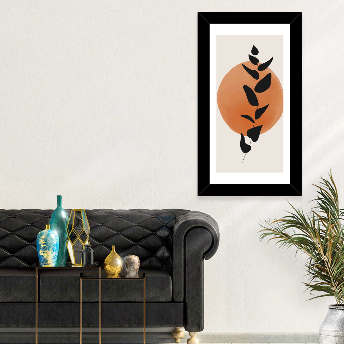 Leafy Branch with Terracotta Circle Wall Art in a room, portrait