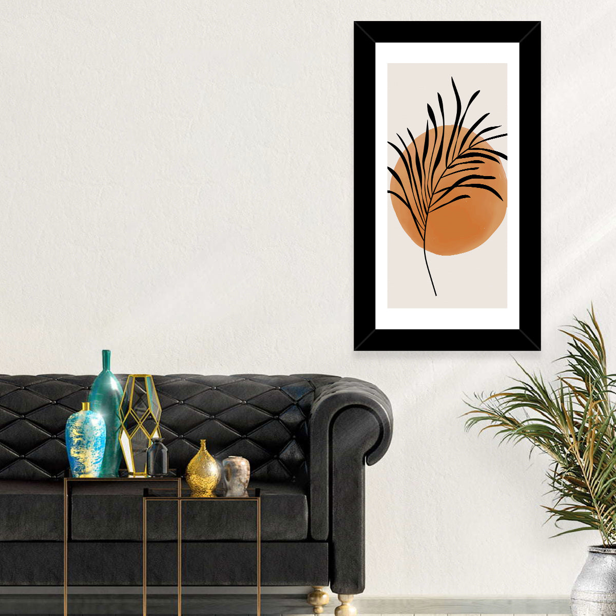 Long Palm Frond Minimalist Wall Art in a room, portrait