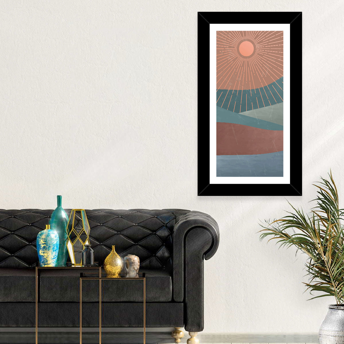 Minimalist Mountain Sunrise Wall Art in a room, portrait
