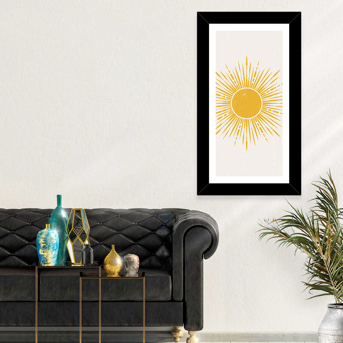 Golden Boho Sunburst Wall Art in a room, portrait