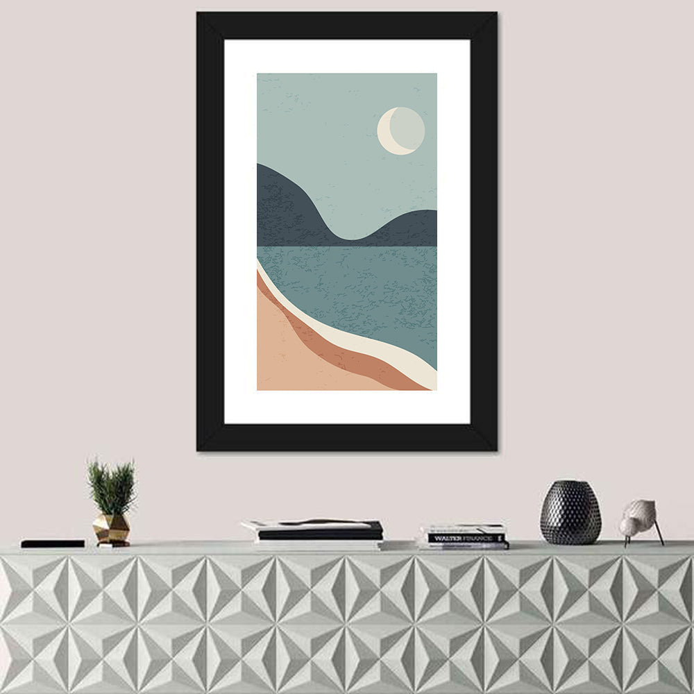 Crescent Moon Mountain Lake Wall Art in a room, portrait