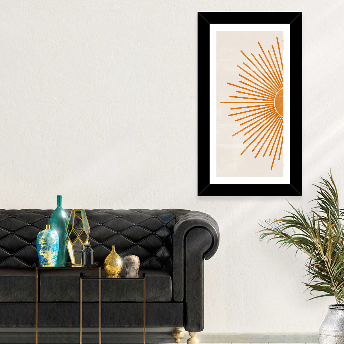 Orange Sunburst Minimalist Wall Art in a room, portrait