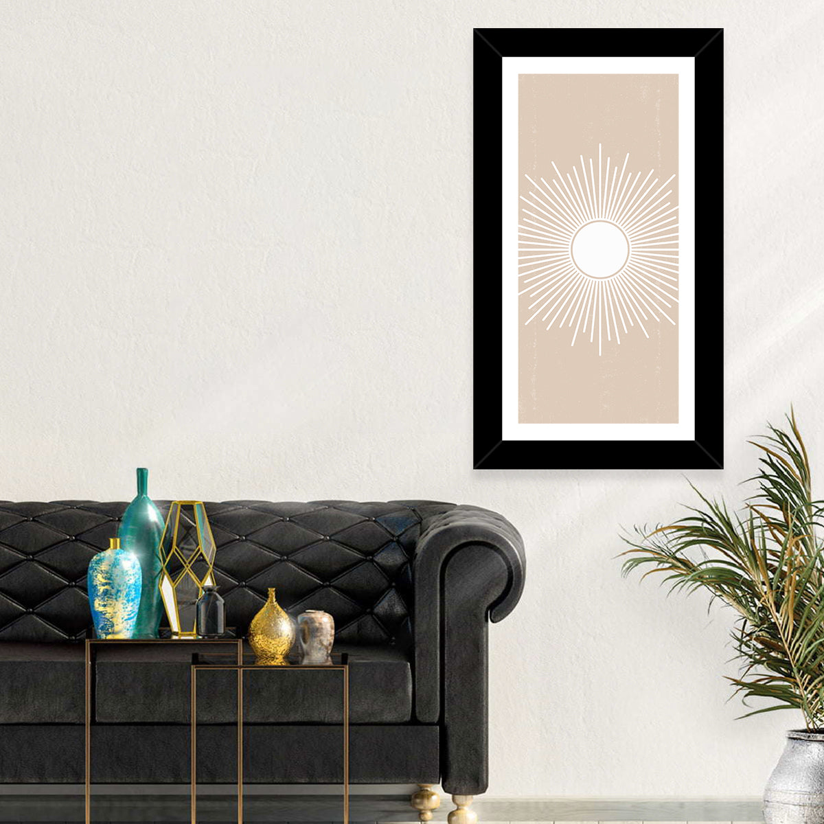 Boho Sun Mandala Wall Art in a room, portrait