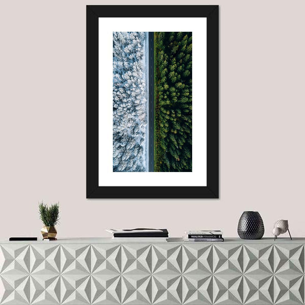 Summer and Winter Forests Wall Art in a room, portrait